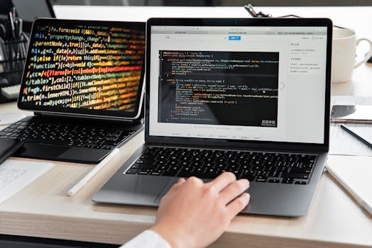 Image of a developer coding on multiple screens, symbolizing custom software development.