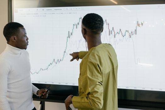 Business team reviewing enterprise software performance analytics on a large screen